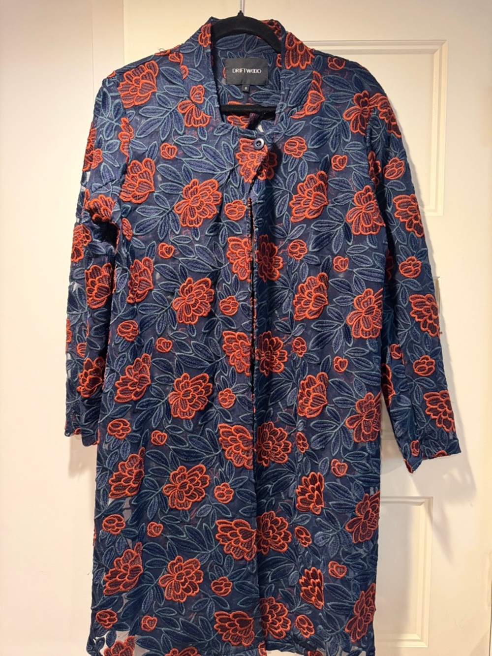 DRIFTWOOD Navy Long-Sleeve Dress with Orange Floral Embroidery